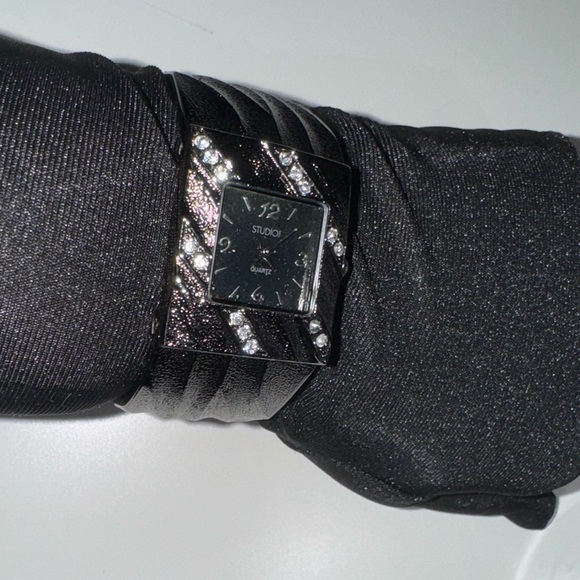 Studio Quartz Black Silver Cuff Watch | Rhinestones Textured Bracelet Band - Picture 2 of 6